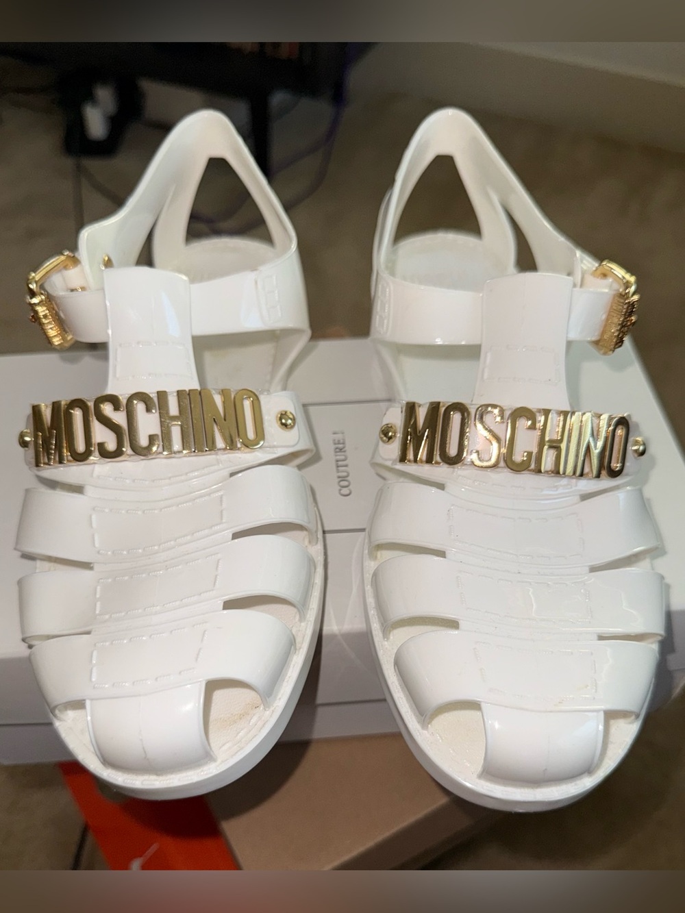 Moschino White Jelly Sandals with Gold MOSCHINO Plaque